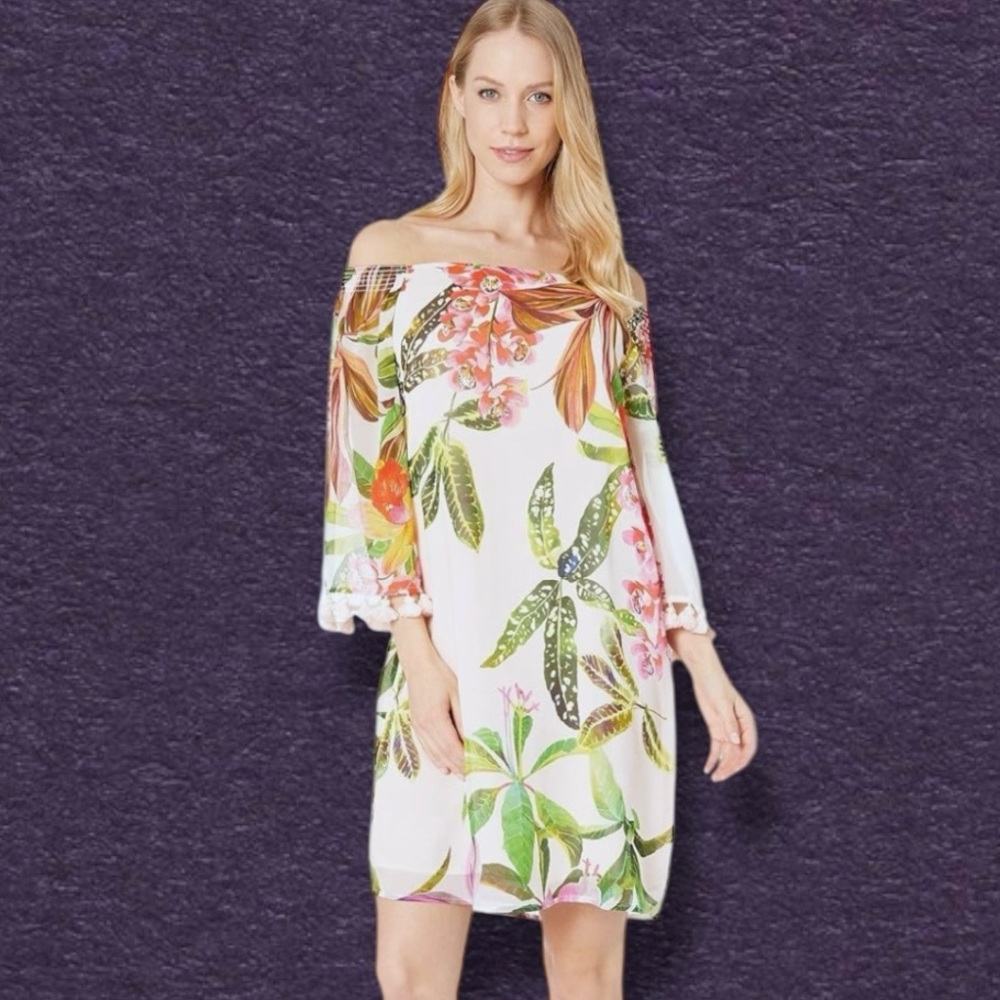 Trina Turk Amaris Off the Shoulder Tropical Print Tassel Sleeve Dress